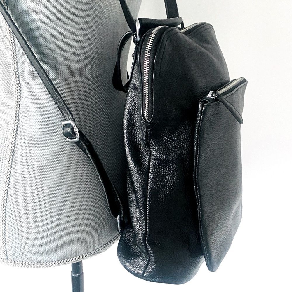 HESHE Black Pebble Leather Three Ways Bag Backpack Crossbody City Minimalist - Picture 5 of 11